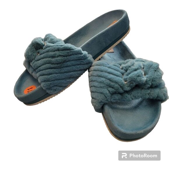DR. SCHOLLS Slippers Women 11 M Faux Fur Buckle Slide Teal NEW - Picture 3 of 7